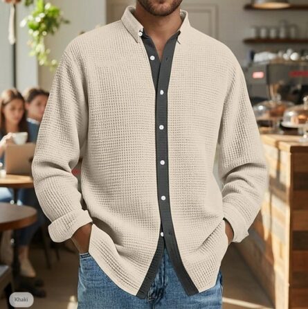 Mens Waffle-Weave Long-Sleeve Shirt Cardigan - Image 10