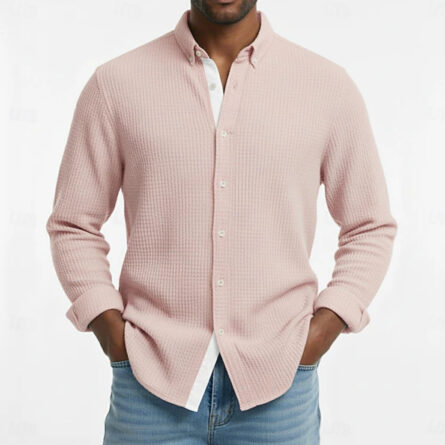 Mens Waffle-knit Long-sleeve Loose-fit Shirt Cardigan - Image 4