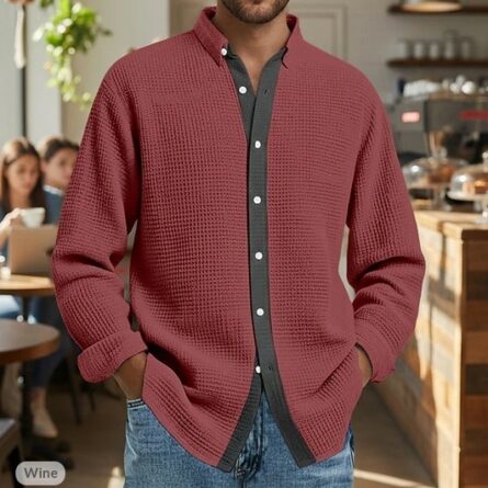 Mens Waffle-Weave Long-Sleeve Shirt Cardigan - Image 5