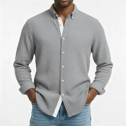 Mens Waffle-knit Long-sleeve Loose-fit Shirt Cardigan - Image 5