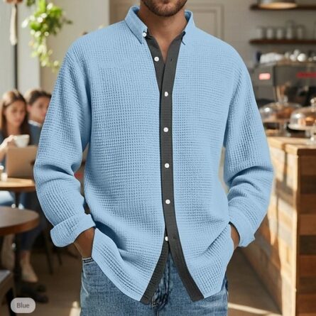 Mens Waffle-Weave Long-Sleeve Shirt Cardigan - Image 4