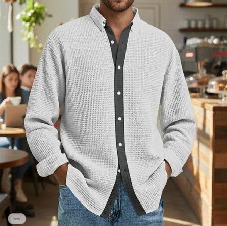 Mens Waffle-Weave Long-Sleeve Shirt Cardigan - Image 2