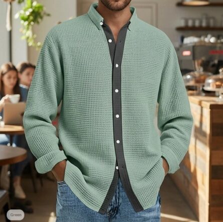 Mens Waffle-Weave Long-Sleeve Shirt Cardigan - Image 3
