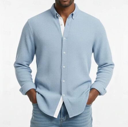 Mens Waffle-knit Long-sleeve Loose-fit Shirt Cardigan - Image 8