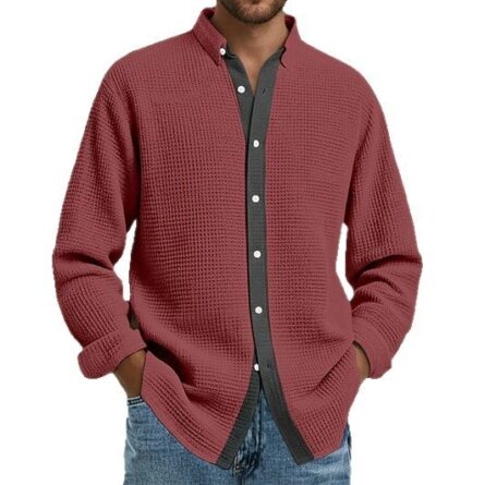 Mens Waffle-Weave Long-Sleeve Shirt Cardigan - Image 7