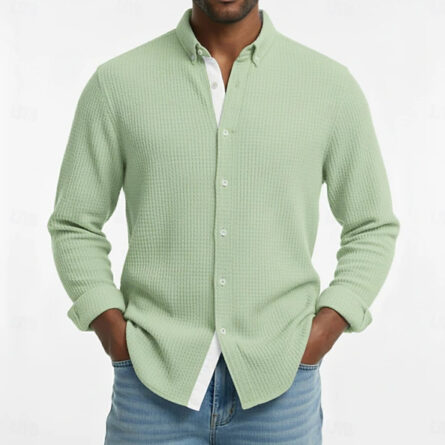 Mens Waffle-knit Long-sleeve Loose-fit Shirt Cardigan - Image 3